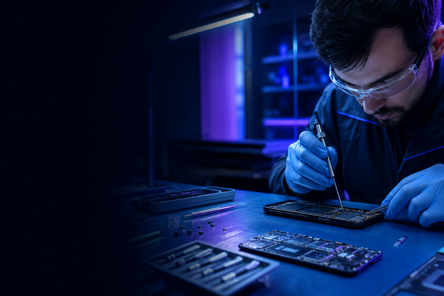 Técnico realizando reparo em smartphone na FCell Assistência Técnica em Campinas